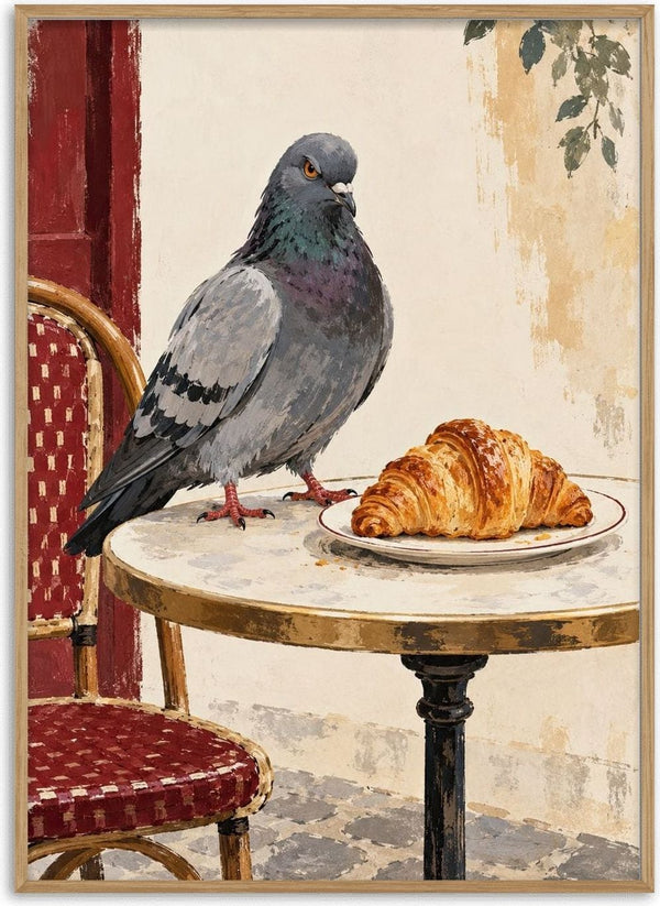 The Last Croissant by Matthews Gallerie — a grey pigeon on a marble bistro table guarding a golden croissant on a plate