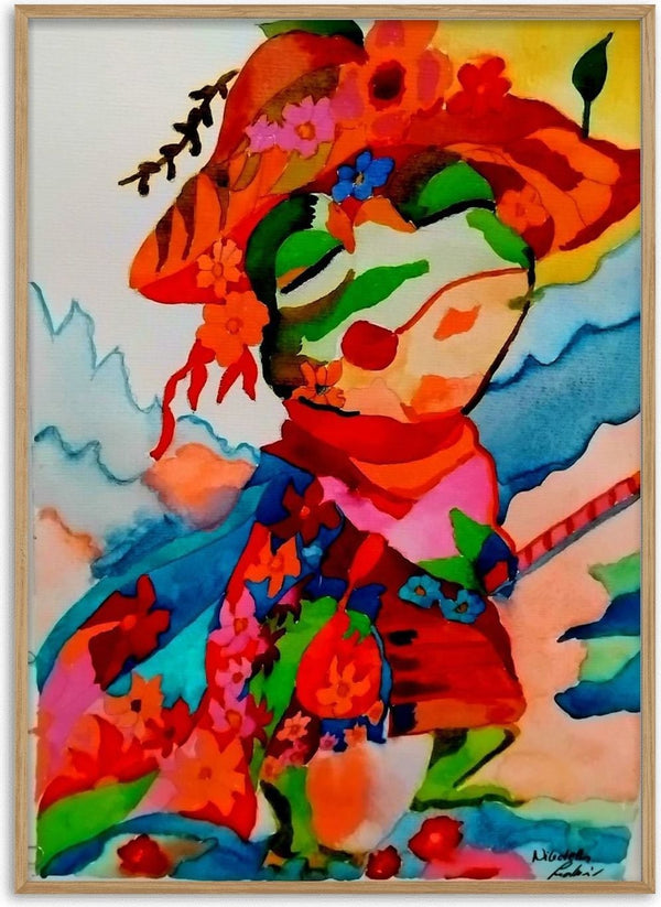 The little frog by Nittaart - a green-faced figure in a flowered hat and red scarf