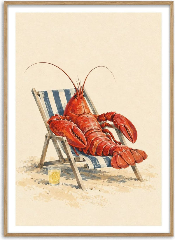 The Lobster’s Day Off by Matthews Gallerie - a red lobster reclining in a striped deckchair with lemonade