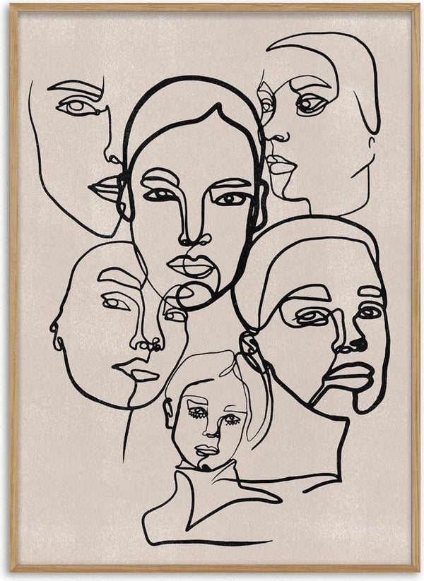 Minimalist line art of multiple female faces overlapping on a neutral background, for The Many Faces of a Woman Plakat.