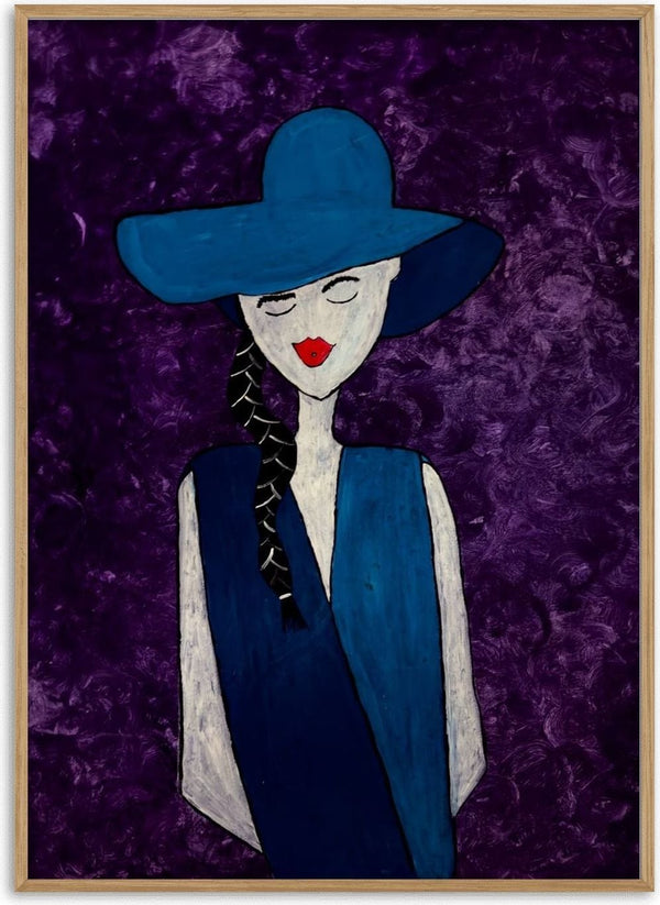 The Midnight Silhouette by Bibi - a woman in a wide blue hat with a long dark braid on violet