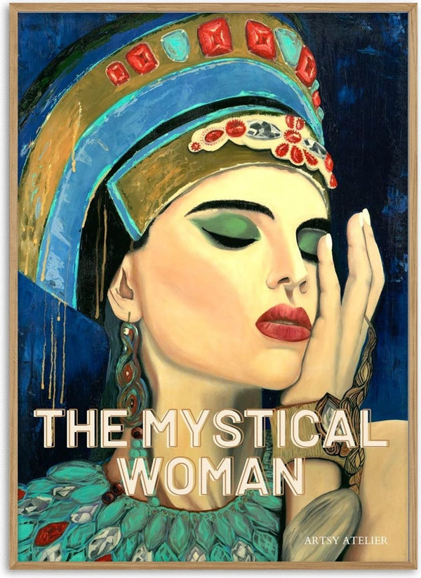 Artistic portrait of a mystical woman in ancient-inspired headdress, with bold makeup and jewelry.