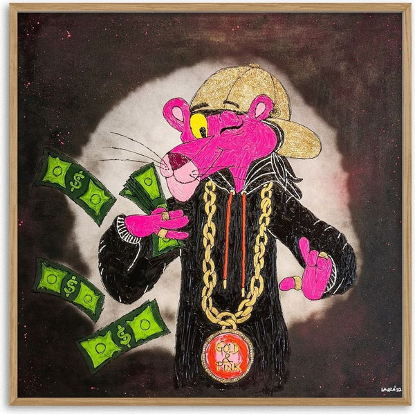 The Naughty Pink Panther III by Laura Notari - Pink Panther in a hoodie and gold chain throwing dollar bills
