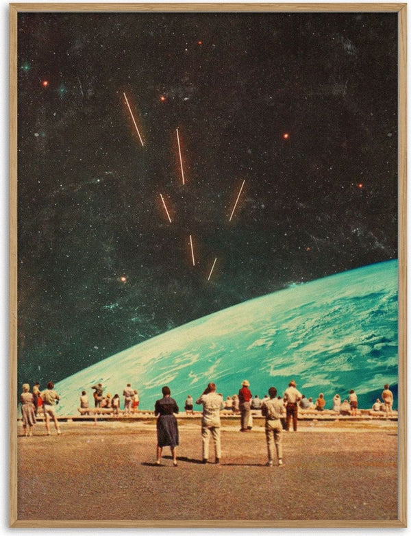 Surreal artwork of people watching light trails in space above Earth, from The Others by Frank Moth.