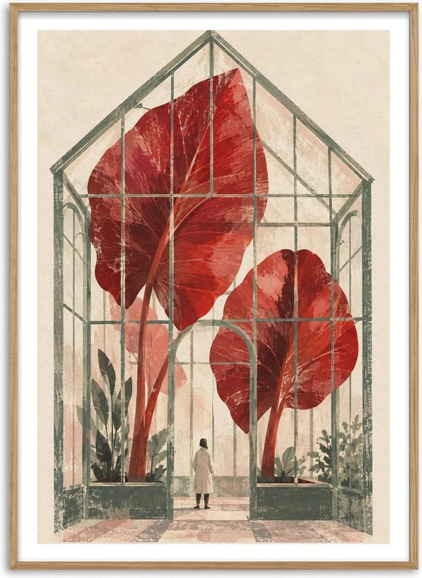 The Red Conservatory by Matthews Gallerie - two giant red leaves filling a green-framed glasshouse