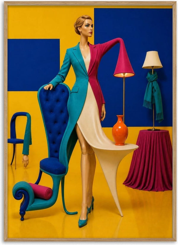 The Room That Wore Her by Haris Delic - a woman whose dress becomes a table in a yellow and blue room