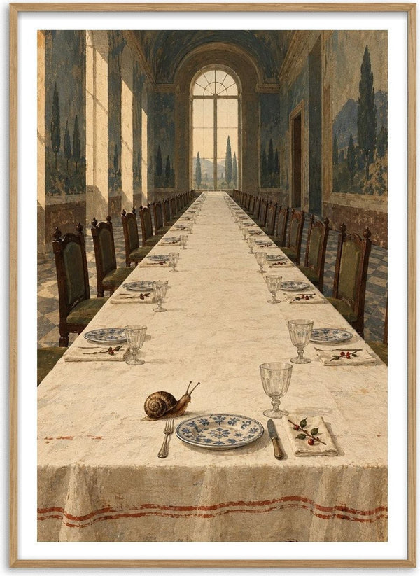 The Snail Arrives Early by Matthews Gallerie - a snail on an empty banquet table in a frescoed hall