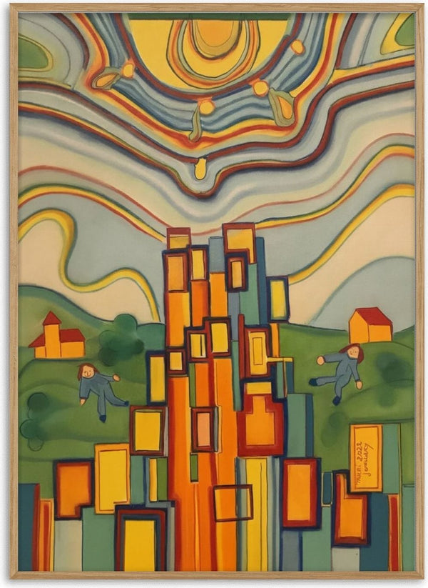 The Tower by Gerard Ceulemans - pastel drawing of a tower of orange and yellow blocks under a rippling sky with a yellow sun