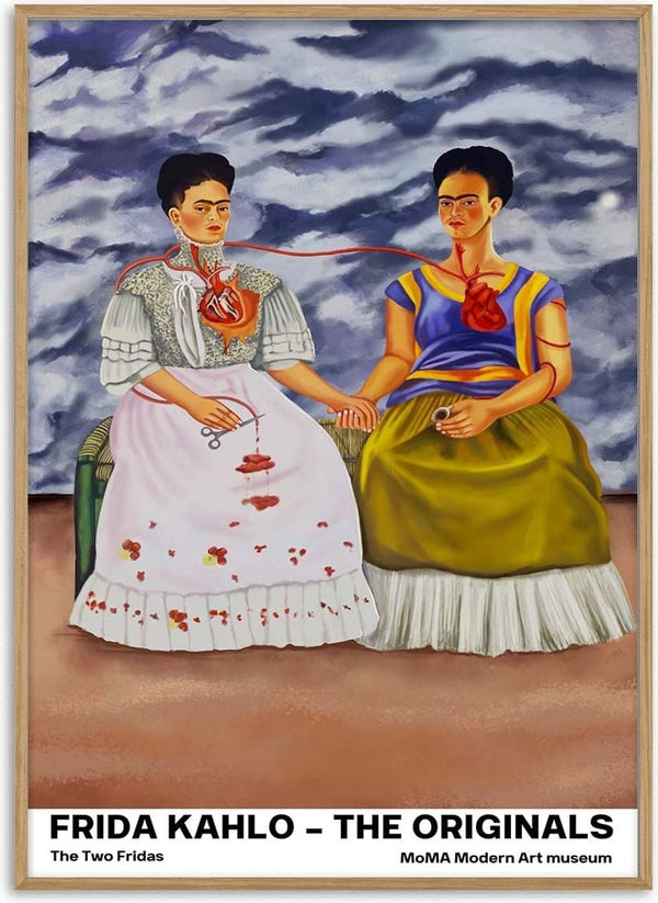 Painting of two Frida Kahlos sitting side by side, holding hands, with exposed hearts and a shared vein.