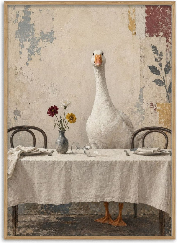 The Uninvited Guest by Matthews Gallerie — a white goose standing at a laid dining table with flowers and a toppled wine glass