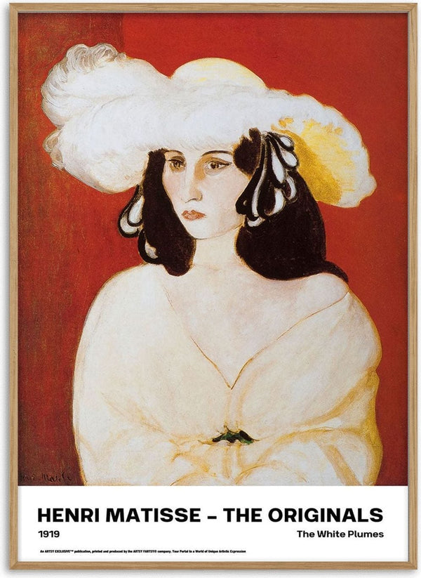 Portrait of a woman in a white hat with plumes, set against a red background; by Henri Matisse, 1919.