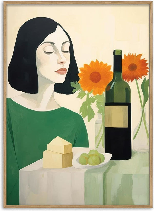 Illustration of a woman with wine, cheese, grapes, and sunflowers; product image for The Winer - David Wolf.