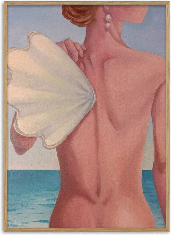 The wing by NeReid - woman seen from behind with a cream scallop shell on her shoulder by a turquoise sea