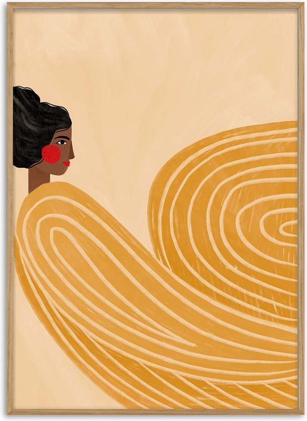 Illustration of a woman with dark hair and orange stripes, featured on The Woman With the Orange Stripes product page.