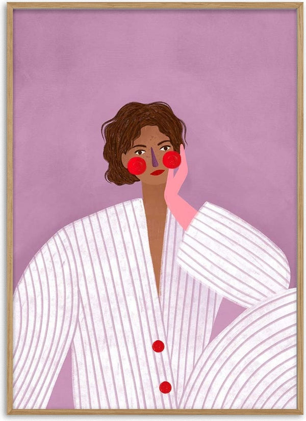 Illustration of a woman in a striped suit with a pink glove touching her face, from The Woman With the Pink Glove.