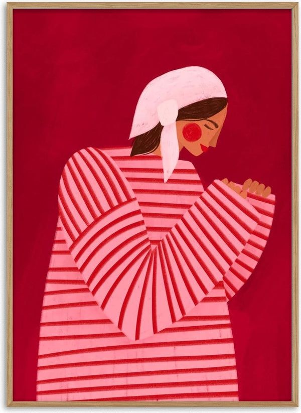 Illustration of a woman in a red striped outfit and white headscarf, featured on The Woman With the Red Stripes product page.