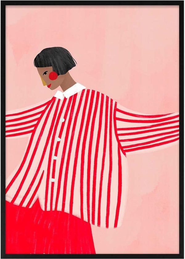 Illustration of a woman in a red and white striped shirt with short black hair, from The Woman With the Red Stripes.