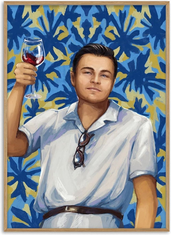 Illustration of a man in a white shirt raising a wine glass, with blue and yellow leaf patterns in the background.