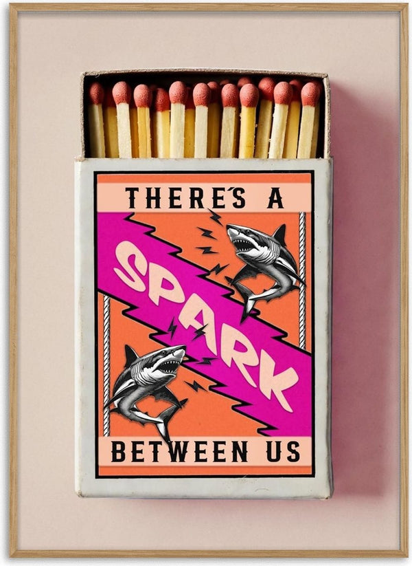 There's a Spark by Daniel Leo — vintage matchbox poster with two engraved sharks and a magenta lightning bolt