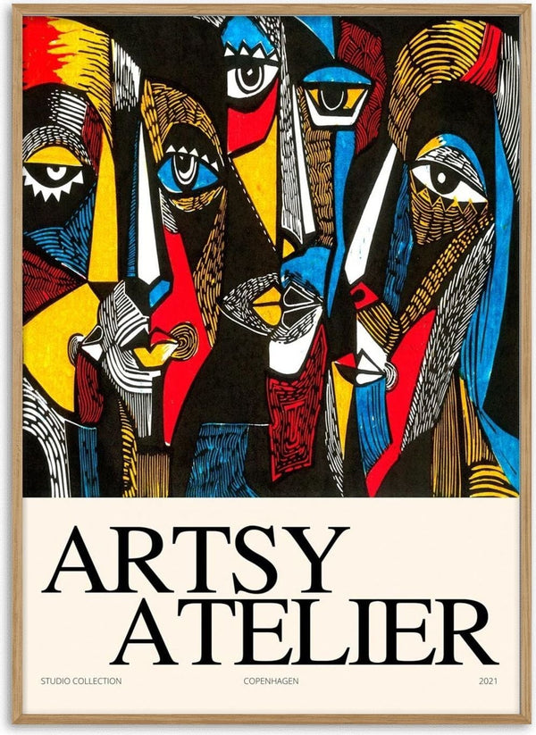 Colorful abstract faces illustration with bold lines, shown on the This is Artsy Atelier Plakat product page.