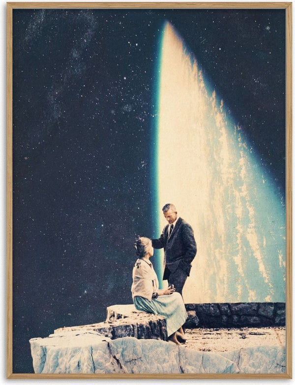 A couple on a rocky ledge gazing at Earth from space, inspired by "This Love" by Frank Moth.