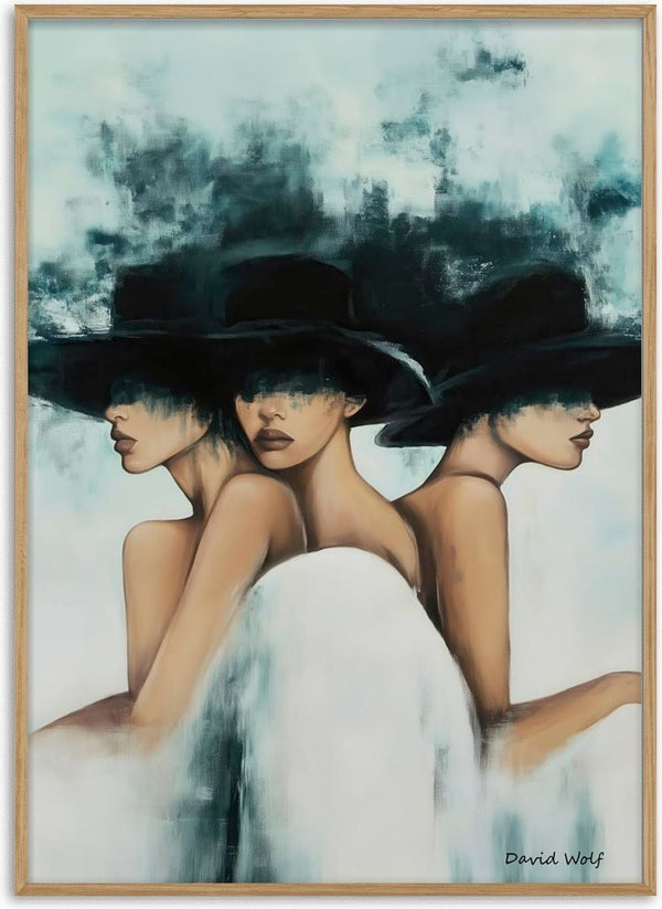 Abstract painting of three women in black hats, their faces partly obscured, by David Wolf for Three Hats product page.