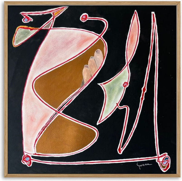 Three Toes by Art Guveau - looping red and white lines with pink shapes and a bronze form on black