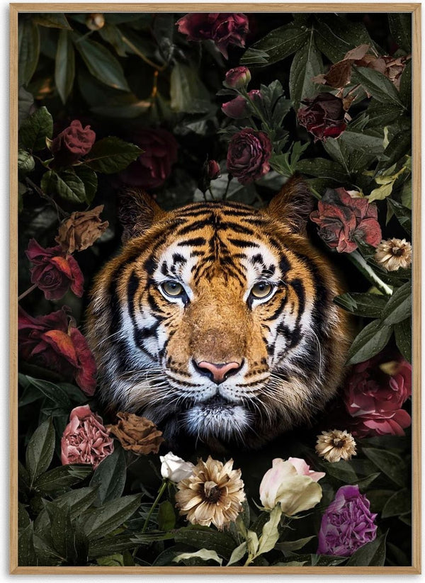 A tiger's face surrounded by colorful flowers, featured on the Tiger med blomster poster.