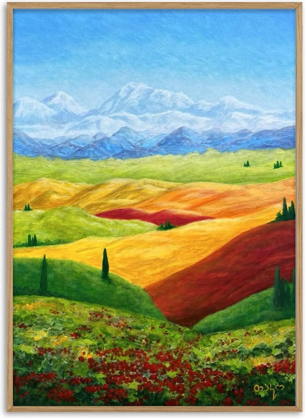 Toscana by Tako - rolling green and gold hills with cypresses and red poppies below blue mountains