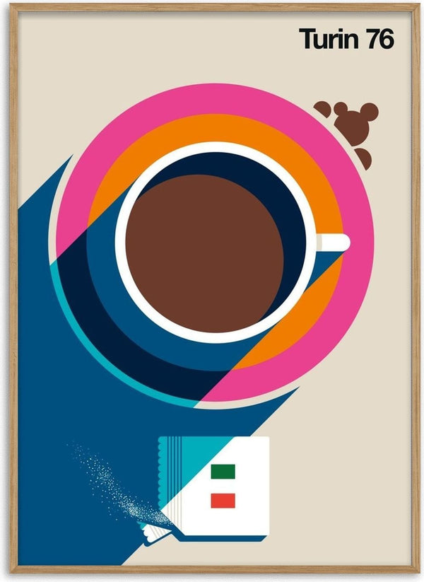 Turin 76 by Bo Lundberg - an espresso seen from above on a pink and orange saucer with a sugar sachet
