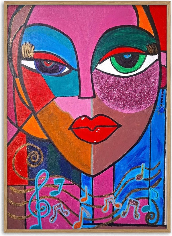 Unbothered by Naïve Art by YLR - a cubist face in pink, teal and orange above turquoise music notes