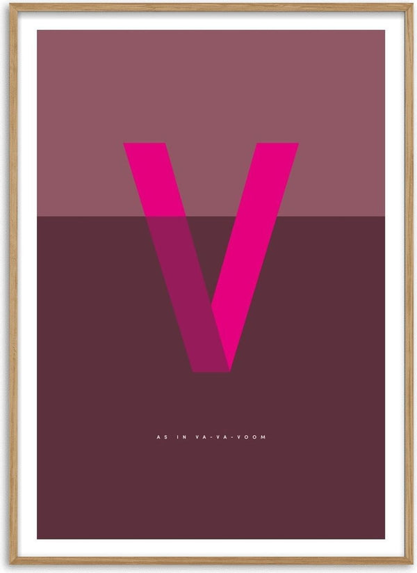 V as in Va-va-voom – Cerise by Quite Nice Prints - a cerise capital V on mauve and deep plum