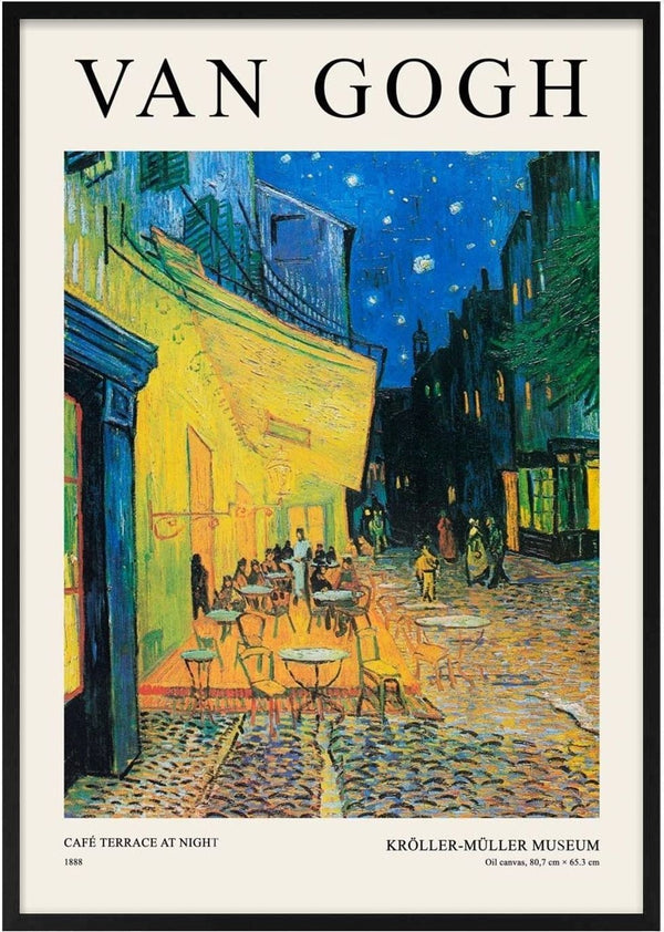 Van Gogh’s “Café Terrace at Night” print showing a vibrant night café scene under a starry blue sky.