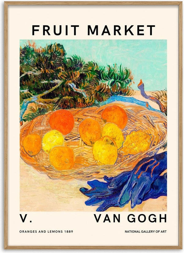 A Van Gogh-style painting of oranges and lemons in a basket, labeled "Fruit Market" on a product page.