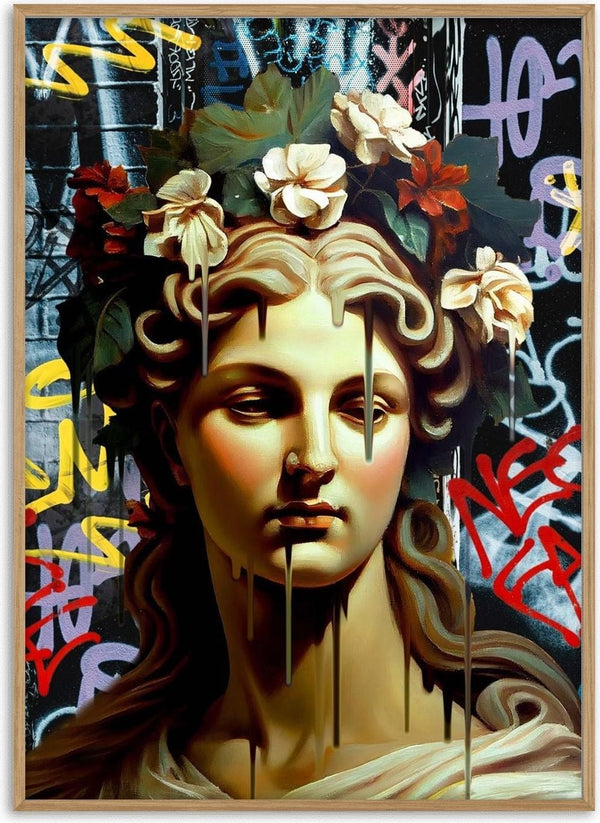 Vandal Pietà by Dikhotomy — flower-crowned classical bust dripping paint against a graffiti wall