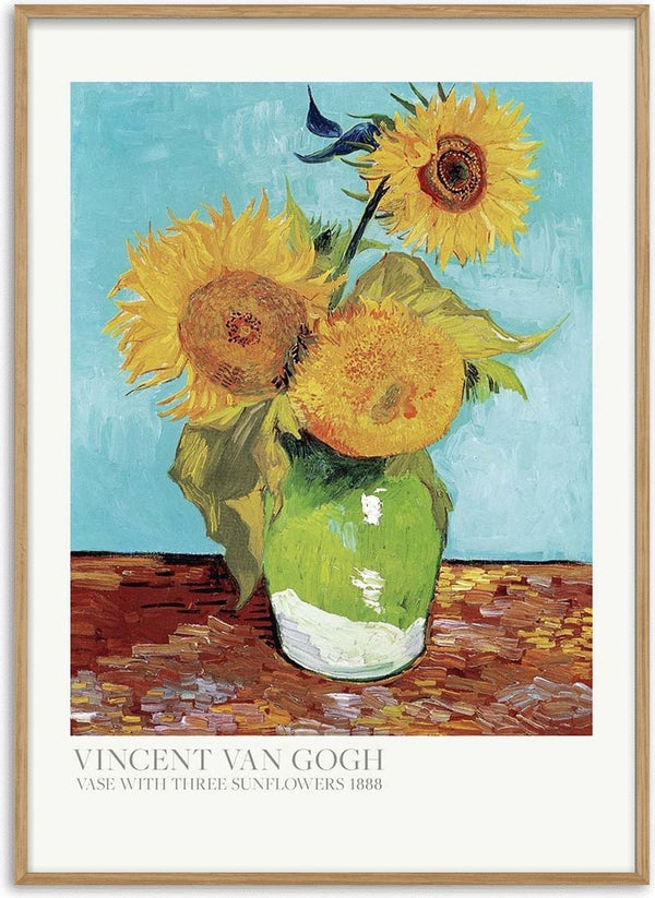 Painting of three sunflowers in a green vase on a table, by Vincent van Gogh.