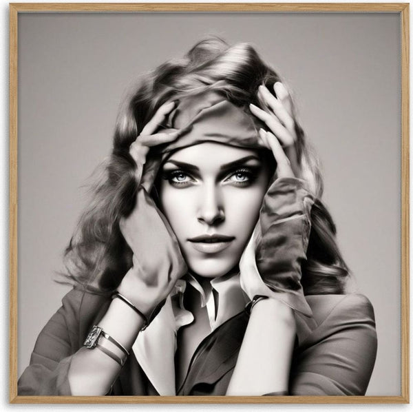 Velvet Mirage by Devour Art - a woman framing her face with her hands and a silk scarf in warm grey