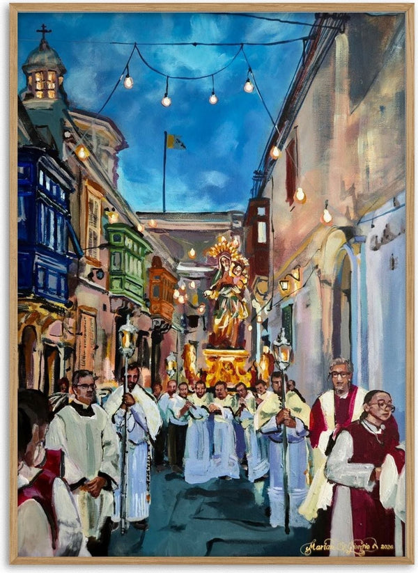 Village Festa by Mariam De Giorgio — a feast procession with a gilded Madonna statue and festoon lights in a narrow street at dusk.