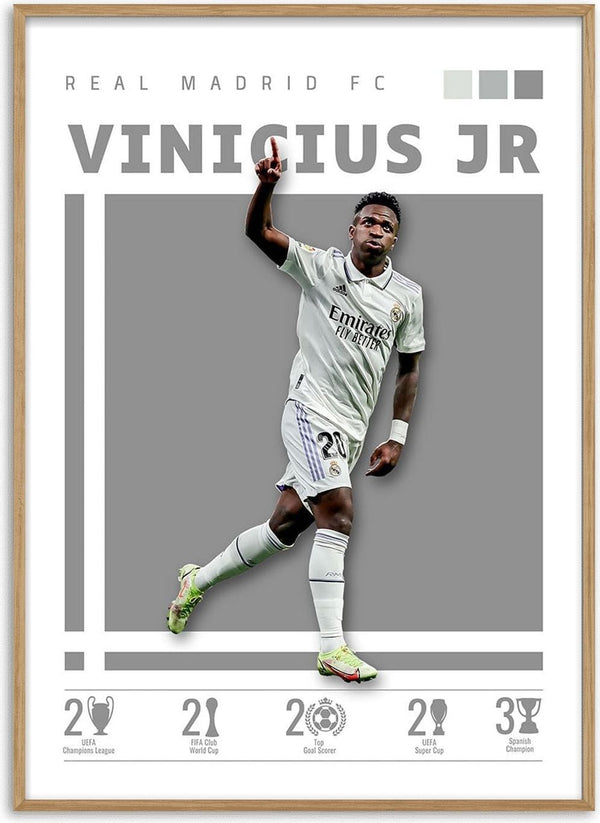 Vinicius Jr. in Real Madrid kit celebrating, featured on a stylish football poster with club achievements icons.