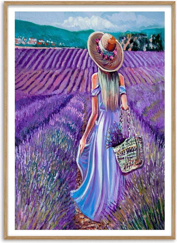 Painting of a woman in a lavender field, wearing a hat and holding a basket, for Violet fields Mademoiselle Plakat.