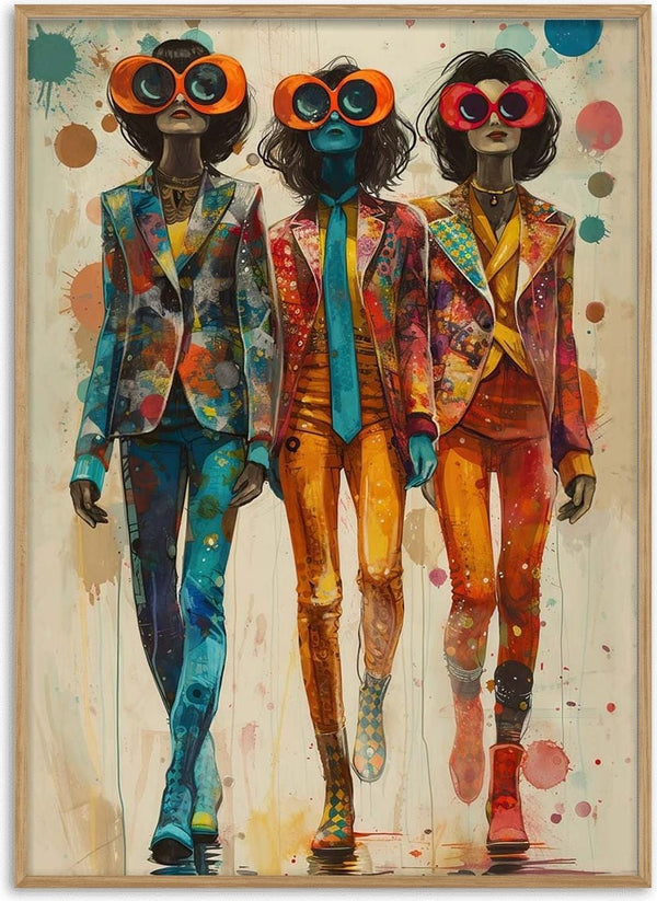 Three figures in colorful suits and oversized round glasses showcase the bold style of Wackie Jackies - Tara Green.