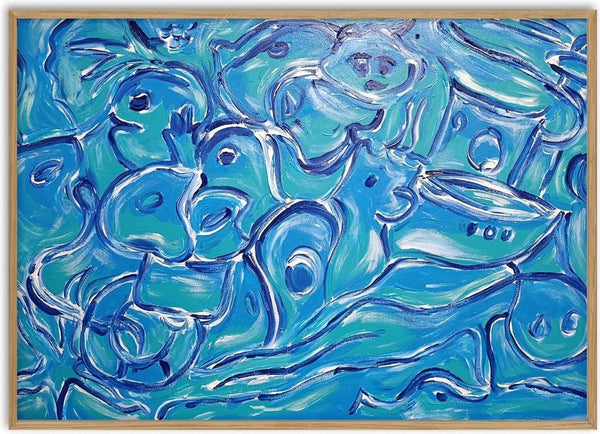 Was das Meer trägt · What the Sea Carries by ELIZA Leopold - faces, fish and boats surfacing from looping white lines on turquoise and blue