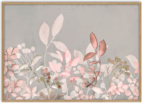Watercolor Pastel Garden Pink decorative pattern with soft pink and neutral botanical leaves on a gray background.