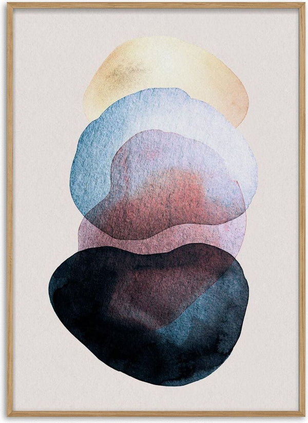 Abstract watercolor poster with overlapping organic shapes in soft beige, blue, and black tones on a light background.