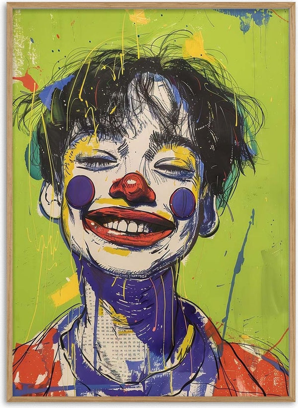 Colorful, expressive illustration of a smiling clown with face paint on a green background. Cover art for Whatever You Want.