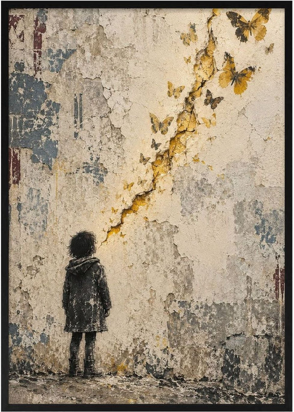 Where the Light Escapes by Matthews Gallerie — a child watching golden butterflies rise from a glowing crack in a concrete wall