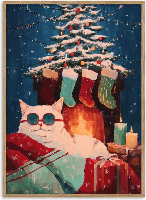 White cat wearing sunglasses lounges near Christmas tree and stockings, evoking holiday coziness for White Cat Socks.