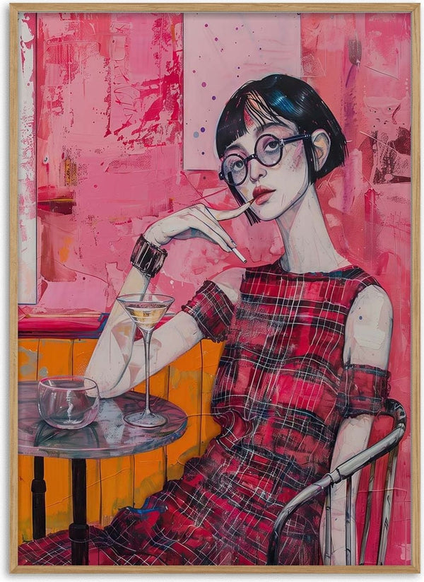 Illustration of a woman in a red plaid dress with glasses holding a drink, featured on Wicked Game by Tara Green.