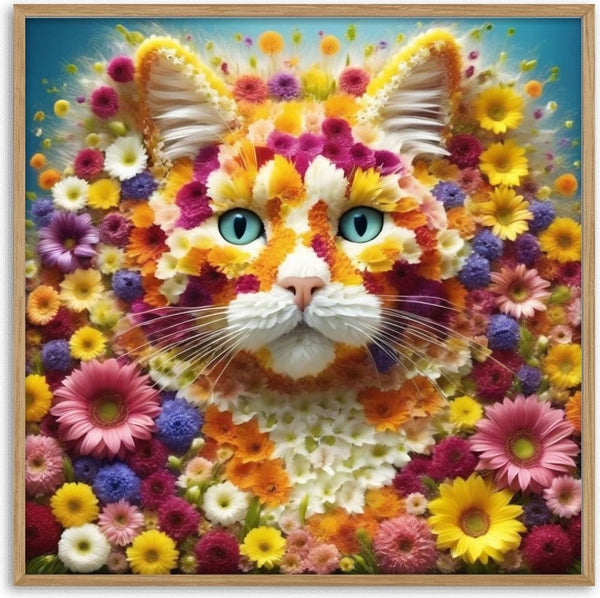 Wild Petals by Devour Art - a ginger cat's face assembled from marigolds and daisies on teal