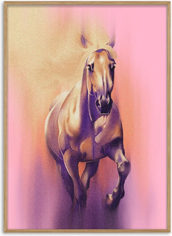 Wild by Sabrina Rosenblatt - a pale cream horse at full gallop against a sand, pink and lilac ground